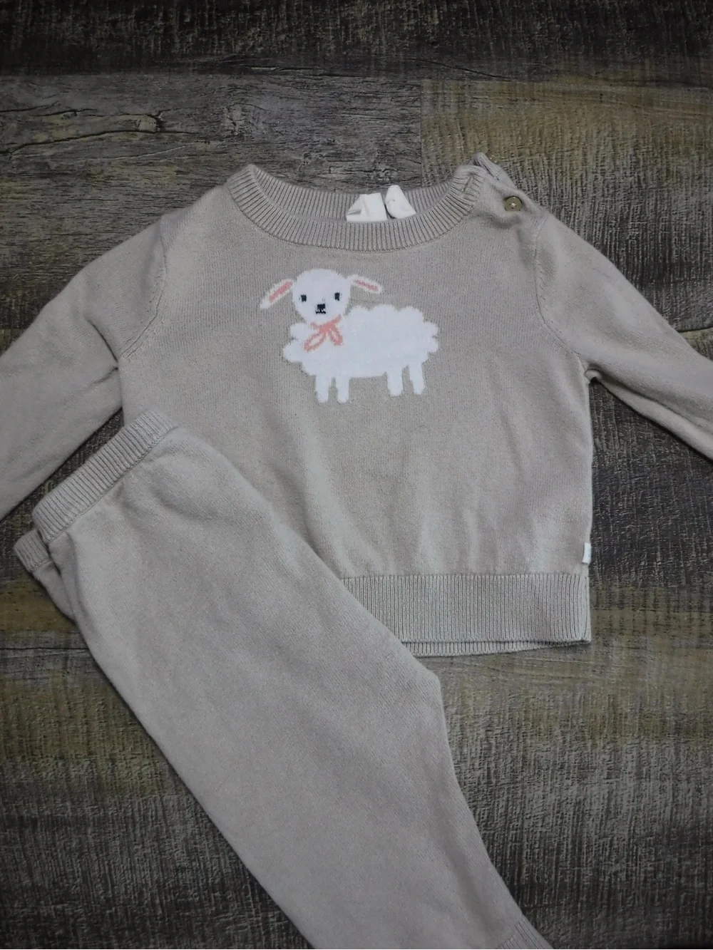 GAP Beige Knit Pajama Set with White Lamb Motif